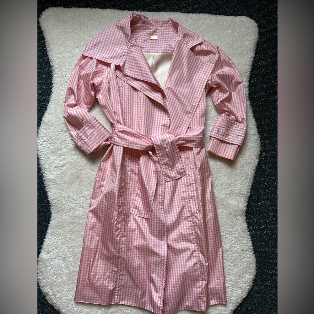 Katie Ermilio pink gingham silk trench coat size 6